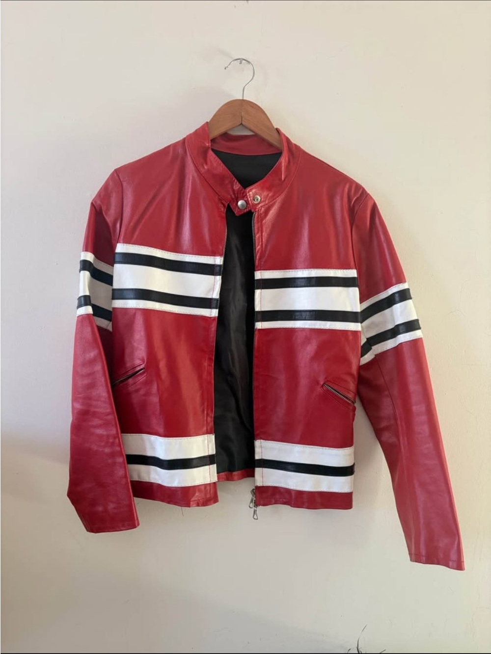 Vintage Red Leather Jacket with White & Black Racing Stripes